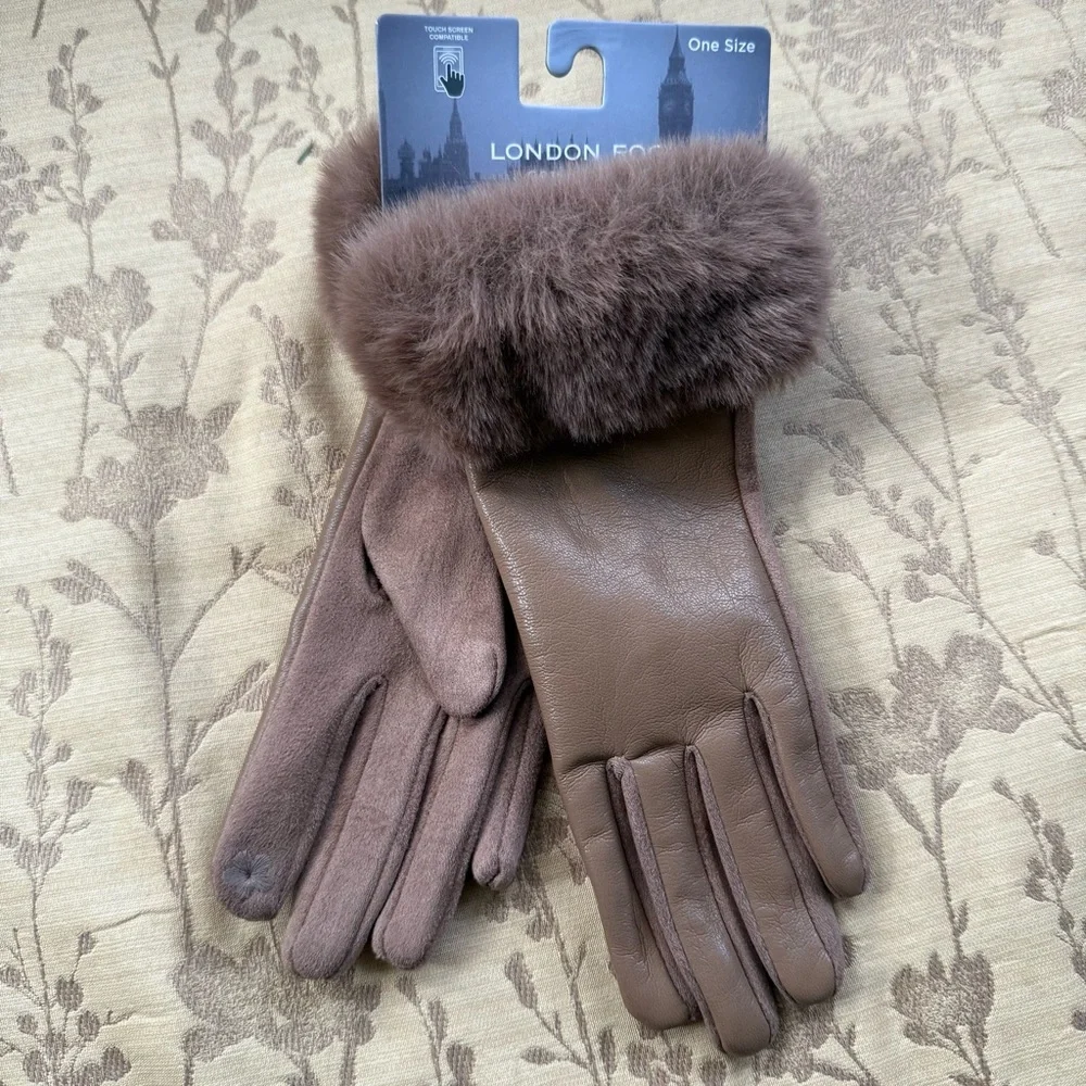 London Fog Women's tan gloves with faux fur cuffs